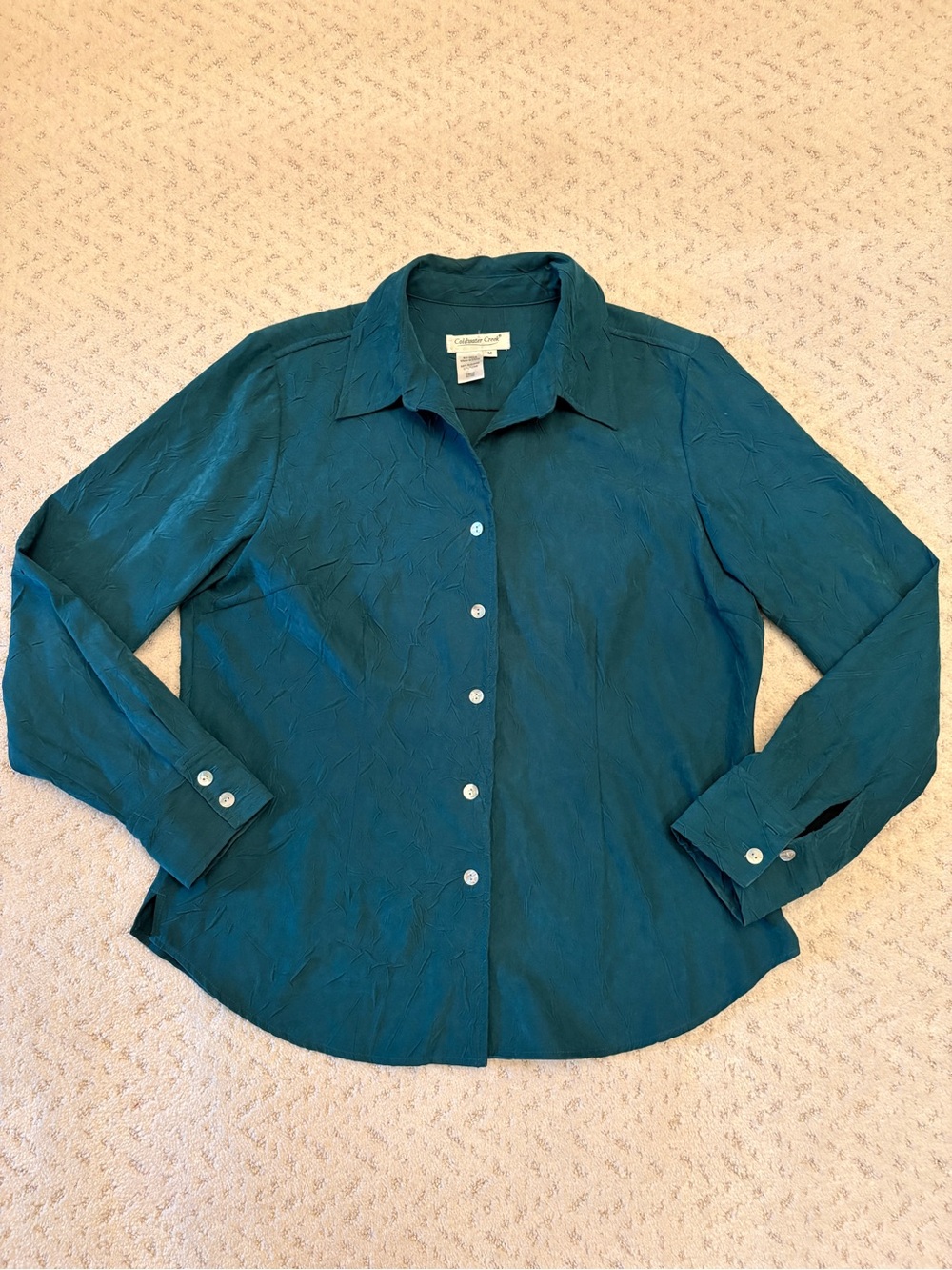 Coldwater Creek Teal Green Button Down Shirt Size M Faux Suede Feel Crinkle
